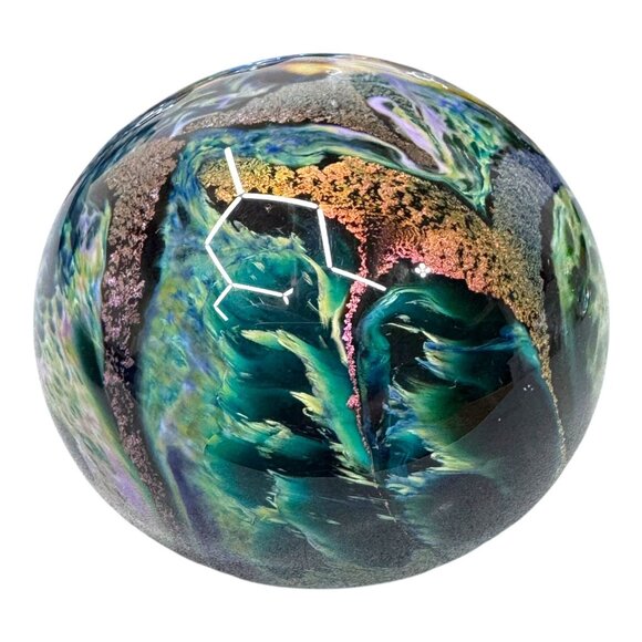 Hand Blown Glass Paperweight ASH Swirling Blue Green Oceanic Water Design Signed - Picture 7 of 7